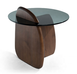 European Modern Minimalist Home Living Room Furniture 8mm-thick <strong>Grey</strong> Glass Round Center <strong>Coffee</strong> <strong>Table</strong> With Solid Ash Wood Legs - Product Image 2