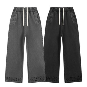 Ensemble pantalon large et sweat à capuche déchiré pour homme, style Y2K, noir, 400 g/m², streetwear épais, ensemble de survêtements amples délavés pour garçons - Product Image 3