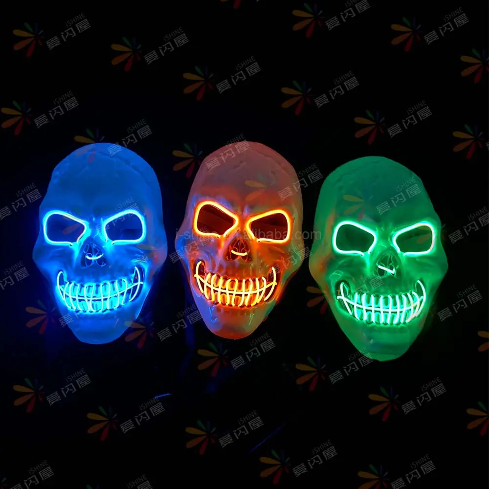 Halloween Ghost White Skull Mask Led Light Up Face Mask Skull Bone Halloween Led Flashing El Wire Mask