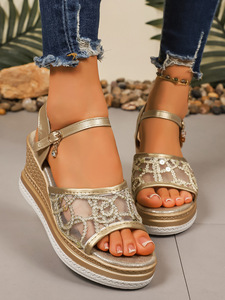 Women Big European and American Style Mesh Sequin Wedge <b>Sandals</b> Summer New Thick Sole Open-Toe Roman <b>Sandals</b> - Product Image 6