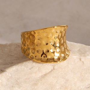 Exaggerated Wide Hammered Concave <b>Ring</b> 18k Stainless Steel Unisex Party Jewelry U Shape Gold Tone - Product Image 2