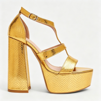 Sandales à plateforme dorées tendance pour femme, style audacieux, à talon bloc épais, motif croco gaufré, bride en T, boucle de cheville, pour soirée, vente en gros