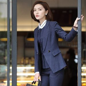 Dames Professionele Pakken Nieuwe Lente Koreaanse Langarm Gestreepte Anti-Kreuk Velours <span class=keywords><strong>Blazer</strong></span> Met Ingesneden Kraag Midi Kantoor Dame - Product Image 1