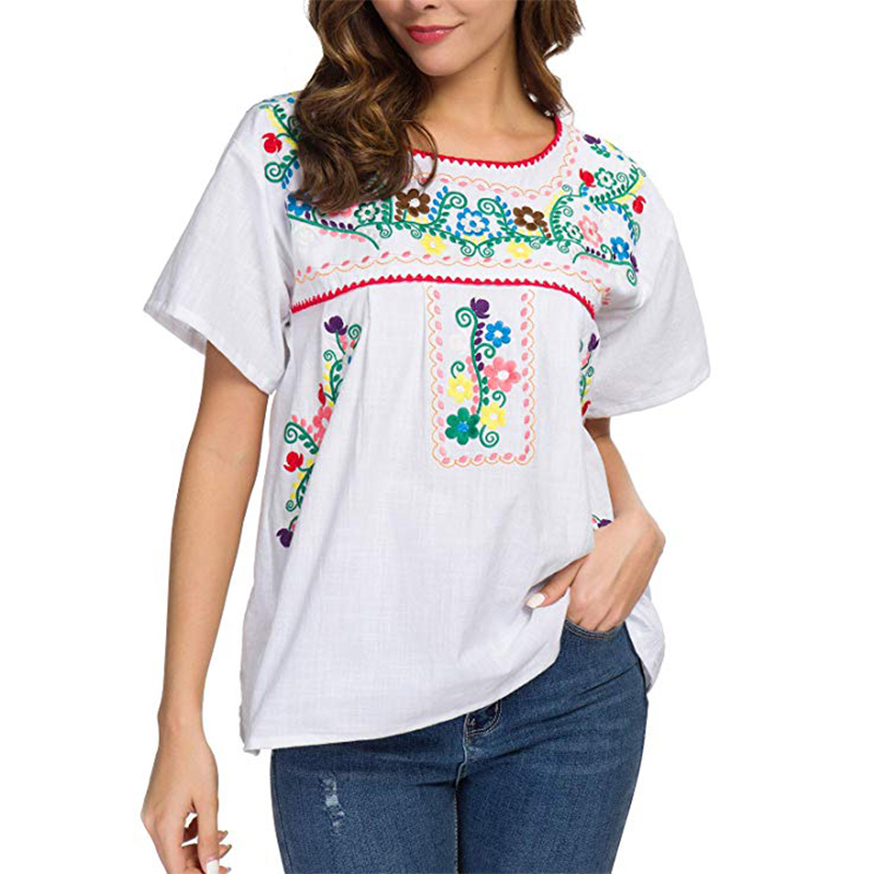 Blusa de algodón con cuello redondo y manga corta para verano, camisa con bordado floral mexicano, fabricante OEM