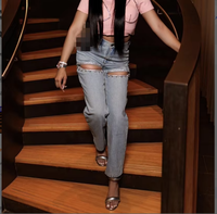 Nouveau Jean Femme Bleu Denim Déchiré Décontracté Style Vintage Unique avec Strass