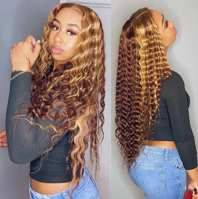 Curly Human Hair Wig Honey Blonde Ombre 13x1 Brazilian Brown Color Deep Water Wave Hd Frontal Highlight Bob Lace Front Wigs