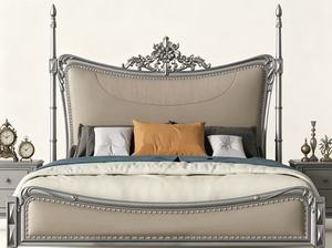 Premium Queen Size Silver Four Poster <b>Bed</b> With Beige Upholstered Ornate Carved Nailhead Headboard For Luxury Bedroom - Product Image 6
