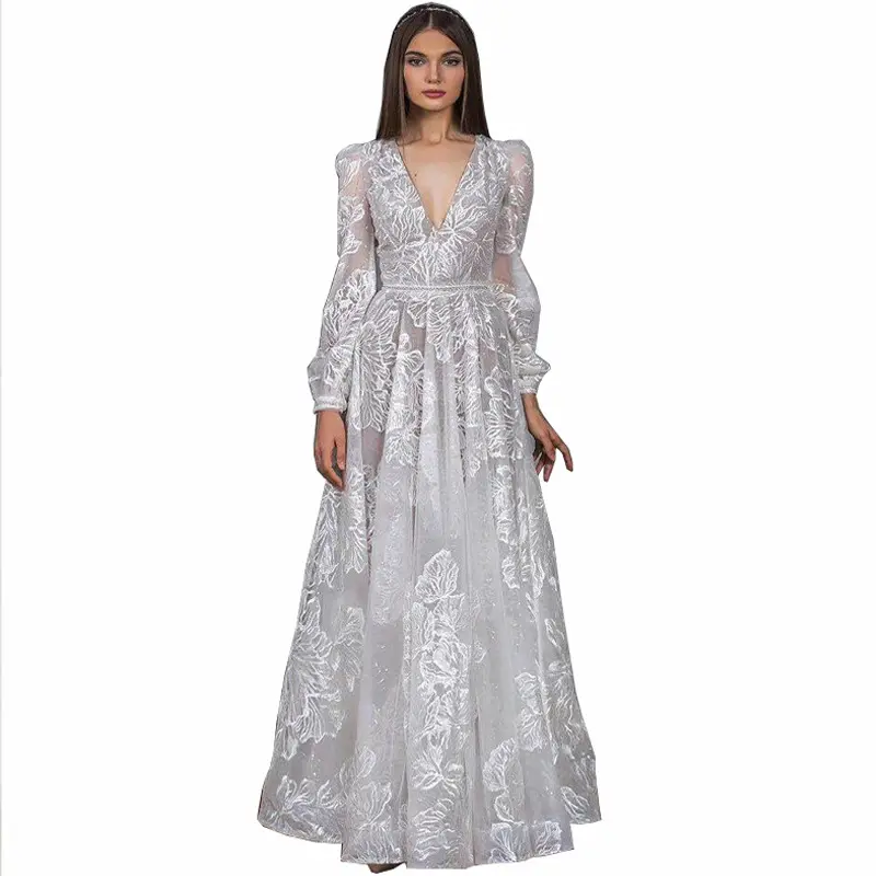 Long Sleeves Dark V-Neck Evening Dress Lace Embroidery Semi-Formal Maxi Women's Cocktail Dresses