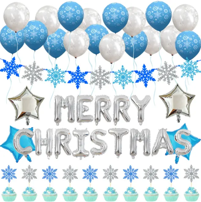 Glitter Sneeuwvlokken Cupcake Toppers Banners Slinger En Bedrukte Ballonnen Voor Vrolijk Kerstfeest Winter Feestartikelen Decor Set