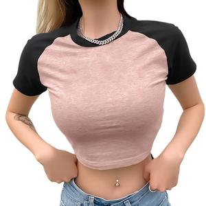 Sản Xuất Tùy Chỉnh Thiết Kế Thời Trang Hai Tone Màu Sắc Đồng Bằng Crop Tops Đối Với Phụ Nữ Mỏng Ngọt Ngào Y2K Bé Crop T-Shirts Ngắn Tay Áo - Product Image 2
