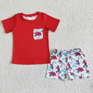 Hot Sale RTS stilvolle Kinder rote Shorts Outfits Kinder Boutique Anzüge Jungen Sommer Kleidung Sets