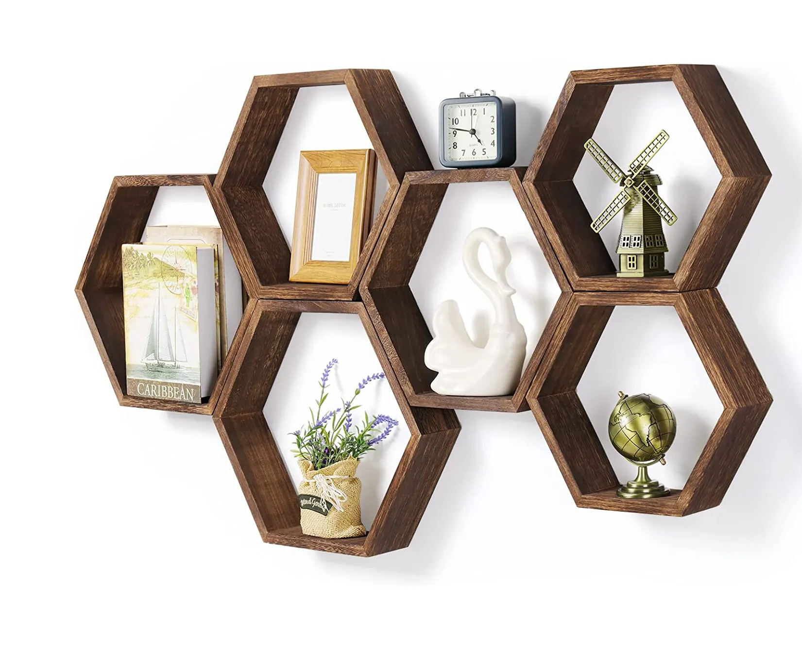 Venta al por mayor de madera de granja de nido de abeja pared estante de almacenamiento hexagonal rústico estantes flotantes