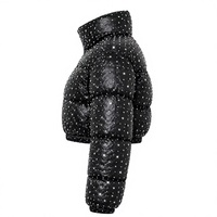 Blouson court matelassé pour femme avec strass et logo, imperméable, coupe-vent, en polyester, à capuche, pour l'hiver