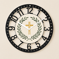 Horloge murale silencieuse en fer à quartz avec motif croix et couronne d'olives, cadre en fer pour décoration murale de salle de prière chrétienne