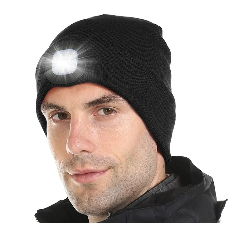 Wholesale Lighting And Flashing Alarm Mode 4 Led Portable USB Rechargeable New Hat Lamp Led Lighted Beanie Cap