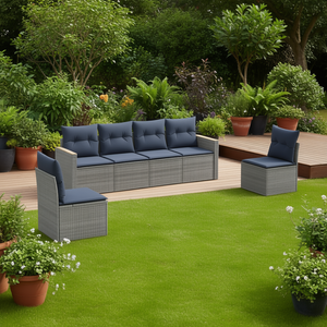 Conjunto de Sofás de Jardín de Mimbre Sintético para Exteriores, 6 Plazas, Gris, con Cojines, Diseño Contemporáneo - Product Image 2