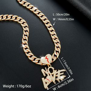 Collar de cadena cubana para hombre, estilo hip hop europeo-americano, con colgante de letras de cristal completo y diseño de corazón, estilo streetwear, NO LOVE - Product Image 2