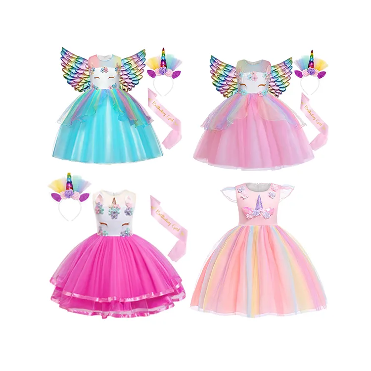 3-10 년 소녀 유니콘 파티 드레스 활 꽃 키즈 프릴 유니콘 의상 어린이 옷 공주 생일 파티 드레스