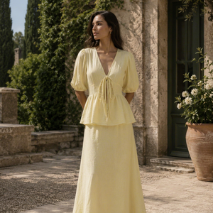 Ensemble coordonné en coton de créateur - Haut d'été jaune à manches bouffantes associé à une jupe longue confortable, deux pièces, vente en gros - Product Image 1