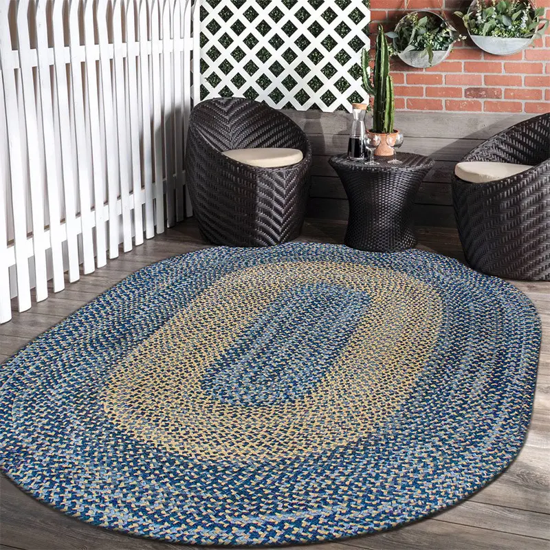 DR-NY Woven Denim Natural Blue Round Ivory Handmade Boho Fringe Jute Cotton Area Rug Carpet for Bedroom Living Room