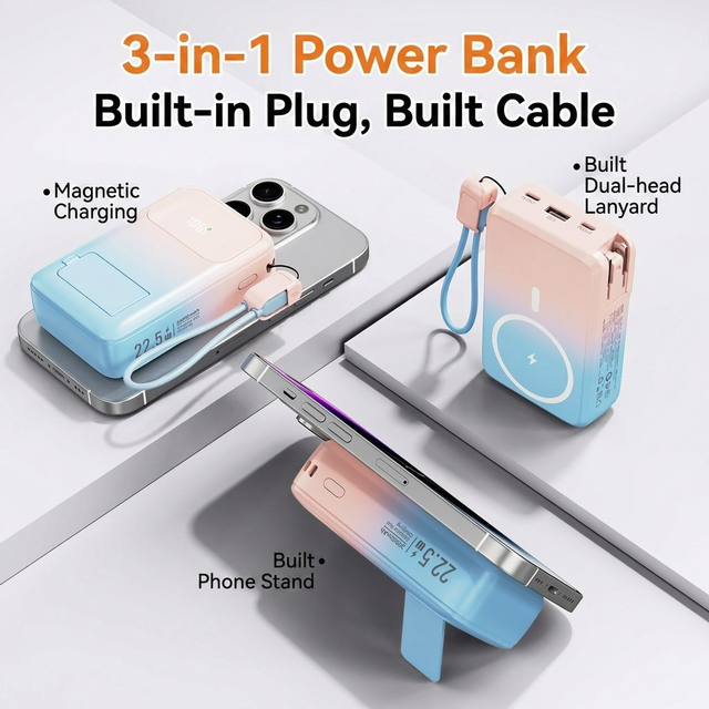 10000mAh 3-in-1 Magnetic Wireless Power Bank, 22.5W Fast Charging with Built-in AC Plug, Cable & Phone Stand