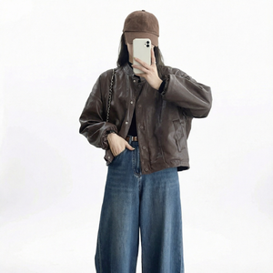 Chaqueta Bomber de Cuero Sintético para Mujer, Cuello Alto, Manga Abullonada, Color Sólido, Corta, Estilo Otoñal - Product Image 1