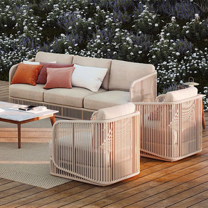 Ensemble de canapés d'extérieur en corde tressée avec coussins beige clair et oreillers terre cuite, mobilier de patio résistant aux intempéries pour jardin et terrasse - Product Image 2
