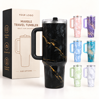 Gobelet isotherme 40oz à motif marbre avec poignée, en acier inoxydable, avec paille rabattable, grande tasse de voyage sous vide pour femmes et navetteurs