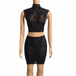 Mini jupe d'été sans manches à paillettes Rhinestone Crop <span class=keywords><strong>Top</strong></span> Sexy Party Dress Sets for Women Black Printing Spandex Polyester - Product Image 1