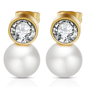 <b>Stud</b> <b>Earrings</b> 10MM Round Zircon Pearl Bezel Setting Gold Color Party Jewelry - Product Image 1
