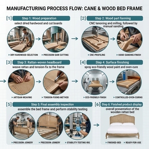 Letto <span class=keywords><strong>in</strong></span> <span class=keywords><strong>Legno</strong></span> di Quercia <span class=keywords><strong>Massello</strong></span> Stile Francese Retrò con Rattan Naturale, Extra Large, Fatto a Mano - Product Image 5