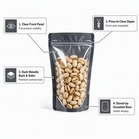 Sachet Doypack Noir Mat Personnalisé avec Fenêtre Transparente et Fermeture Zip Refermable pour Emballage de Pistaches et Snacks, Qualité Alimentaire