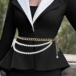 Chaîne de taille multi-couches tendance européenne et américaine en imitation perle et métal pour femme, chaîne de corps rétro réglable 115 cm - Product Image 2