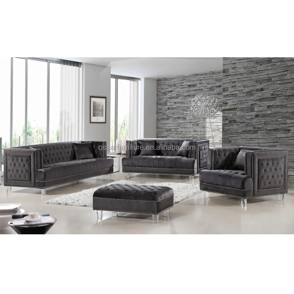 Sang Trọng Phong Cách Bắc Âu Nút Tufted Acrylic Chân Màu Grey Nhung Hiện Đại Phòng Khách Sofa Đặt Đồ Nội Thất