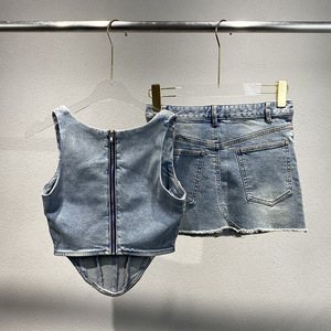 Conjunto de Dos Piezas Estilo Casual de Verano para Mujer, Top Corto Estilo <span class=keywords><strong>Vaquero</strong></span> con Espina de Pescado y Falda Corta - Product Image 2