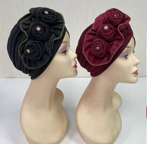 MH-1194 Großhandel Turban Hut Haar Zubehör Strass Turban für Frauen Kopf wickel Muslim Hut Soft Flower Turban - Product Image 3