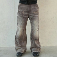 Fabricant de pantalons personnalisés pour hommes : Jeans baggy effet vieilli, Pantalons de charpentier en toile grise double genouillère, délavés à la pierre et effet vintage vieilli