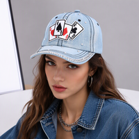 Casquette de baseball en denim à 6 panneaux, double couture contrastante, avec broderie appliquée Four Ace, vente en gros, personnalisable, fournisseur OEM en gros, fabricant