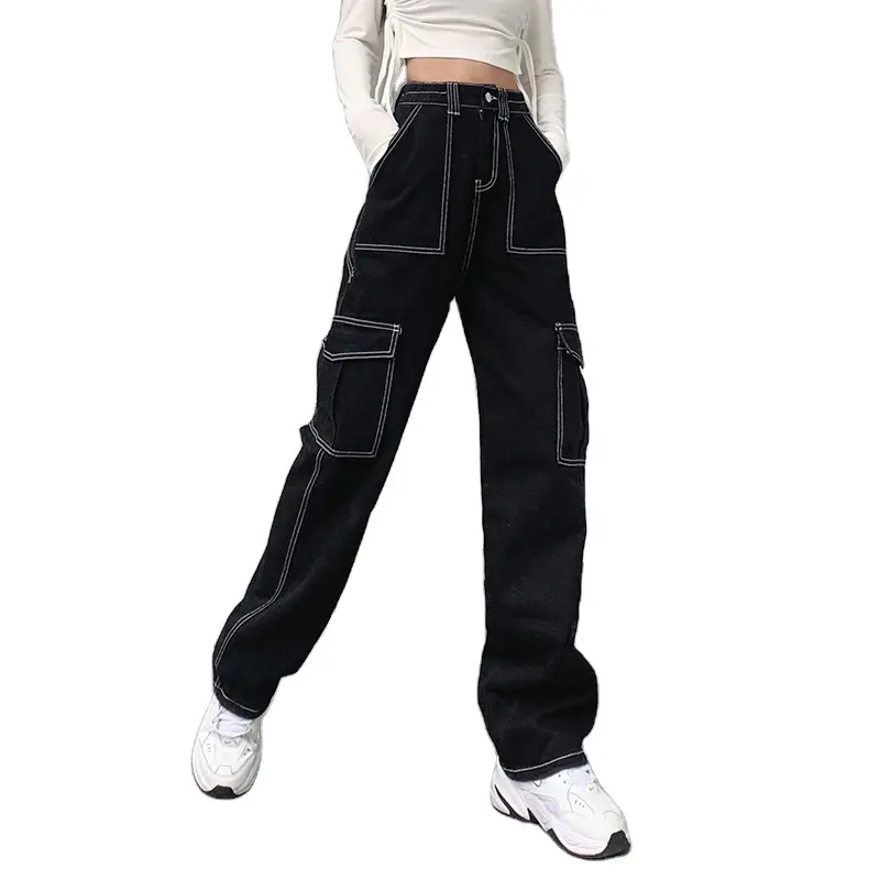 Fashion Women Denim Trouser Loose Cargo Pants Korean Jeans Harajuku Pockets Patchwork Baggy Jeans