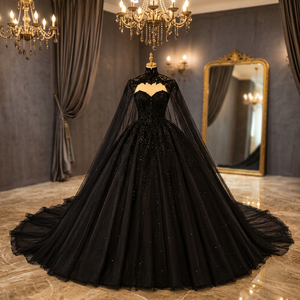 Vestido de novia negro con escote corazón, cuentas, manga larga, cola capilla, largo hasta el suelo, espalda de encaje, talla grande, cintura imperio - Product Image 2