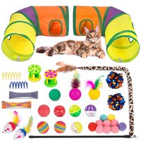 Terowongan Mainan Kucing Lipat dengan Paket Mainan Interaktif untuk Anak Kucing, Tongkat Bulu, Bola, Lonceng, Pegas, Tikus, Mainan Kucing