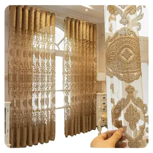 European Luxury Embroidered Hollow Curtain Golden Design-D for Living Room Bedroom French Windows Grommet Top Curtain