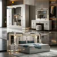 Ensemble de meubles de chambre à coucher en bois de luxe moderne avec table de chevet et coiffeuse à éclairage LED pour maison de style farmhouse, hôtel et appartement