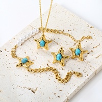 Ensemble de bijoux tendance pour femmes, bracelet, collier, boucles d'oreilles et bague en pierre naturelle turquoise rétro, plaqué or 18k PVD, acier inoxydable