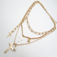 Nouveau collier tendance pour femme avec pendentif croix plaqué or, chaîne multi-liens et perle