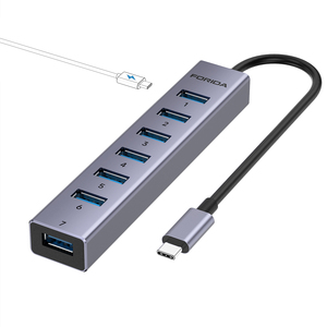 Hub USB-C de 7 Puertos FORIDA con Puerto de Alimentación de Aleación de Aluminio de 5V/3A para Computadoras Portátiles <span class=keywords><strong>MacBook</strong></span>/iPad/Surface <span class=keywords><strong>Pro</strong></span>/XPS (Gris 9.8in) en Stock - Product Image 1