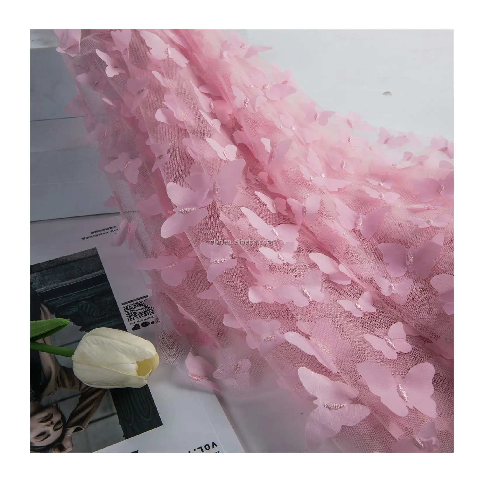 תחרה רקמת טול 3D פרפר פרח רשת בד באיכות טובה פוליאסטר אופנה חתונה טול שמלת בד עבור בנות