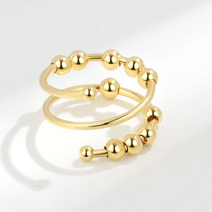 Anillo Geométrico Ajustable de Doble Capa con Cuentas Giratorias Antiestrés, Liso y Simple, Chapado en Oro sobre Cobre - Product Image 5
