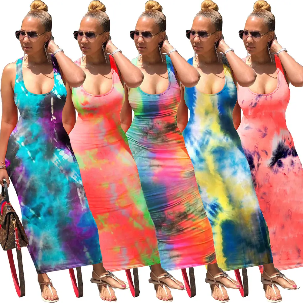 Summer Sexy Dress Tie Dye Print Sleeveless Bodycon Midi Tank Long Dress Sexy Night Club Party Pencil Maxi Dresses