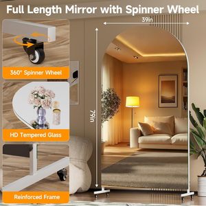 Espejo Arqueado de Cuerpo Entero con Ruedas 360 °   Espejo de pie giratorio con ruedas y cristal templado HD para yoga, estudio de danza y <span class=keywords><strong>gimnasio</strong></span> en casa - Product Image 2